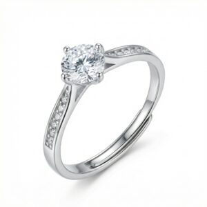 925 Sterling Silver Elegant Round Cut Solitaire Ring with Sparkling Diamond Accents and Adjustable Band