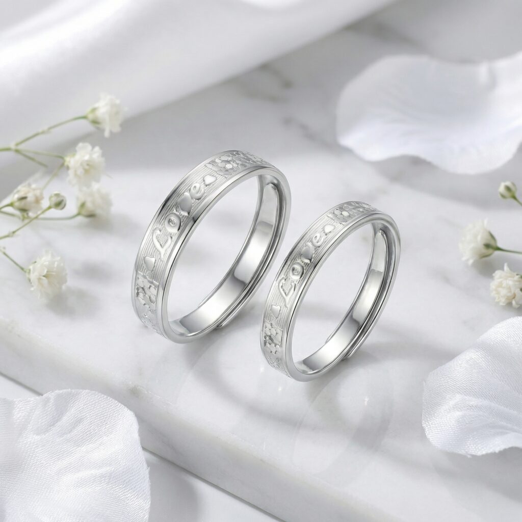 925 Sterling Silver Romantic Silver Couple Rings with "Love" and Heart Engravings
