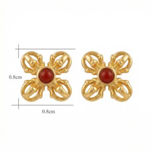 925 Sterling Silver Ornate Gilded Double Vajra Stud Earrings with Vibrant Red Gemstone Accents