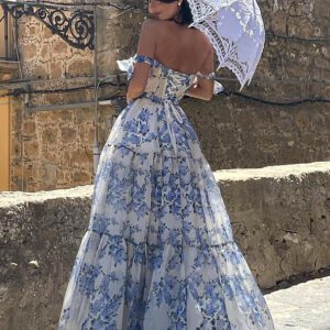 Floral Off-the-shoulder Strap Lace-up Large Swing Skirt Organza Dress