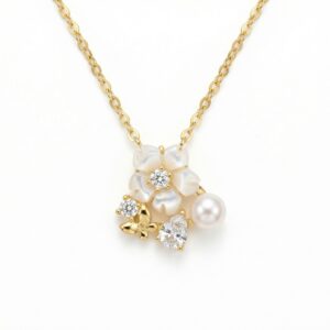 925 Sterling Silver Elegant Mother of Pearl Flower Pendant Necklace with Pearl and Butterfly Charm