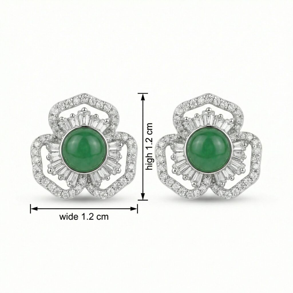 925 Sterling Silver Elegant Green Gemstone Flower Stud Earrings with Shimmering Baguette and Round Accents