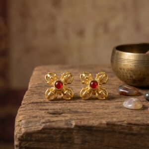 925 Sterling Silver Ornate Gilded Double Vajra Stud Earrings with Vibrant Red Gemstone Accents