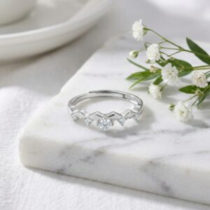 925 Sterling Silver Dainty Adjustable Silver Wave Ring Featuring Five Sparkling Round-Cut Stones