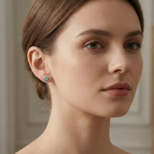 925 Sterling Silver Elegant Green Jadeite Clover Stud Earrings with Sparkling White Accents in Polished White Metal