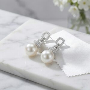 925 Sterling Silver Elegant White Pearl Drop Earrings with Pave Diamond Geometric Links
