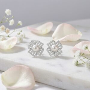 925 Sterling Silver Elegant White Pearl and Diamond Floral Stud Earrings