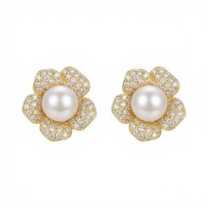 925 Sterling Silver Elegant Flower-Shaped Cultured Pearl and Sparkling Cubic Zirconia Stud Earrings