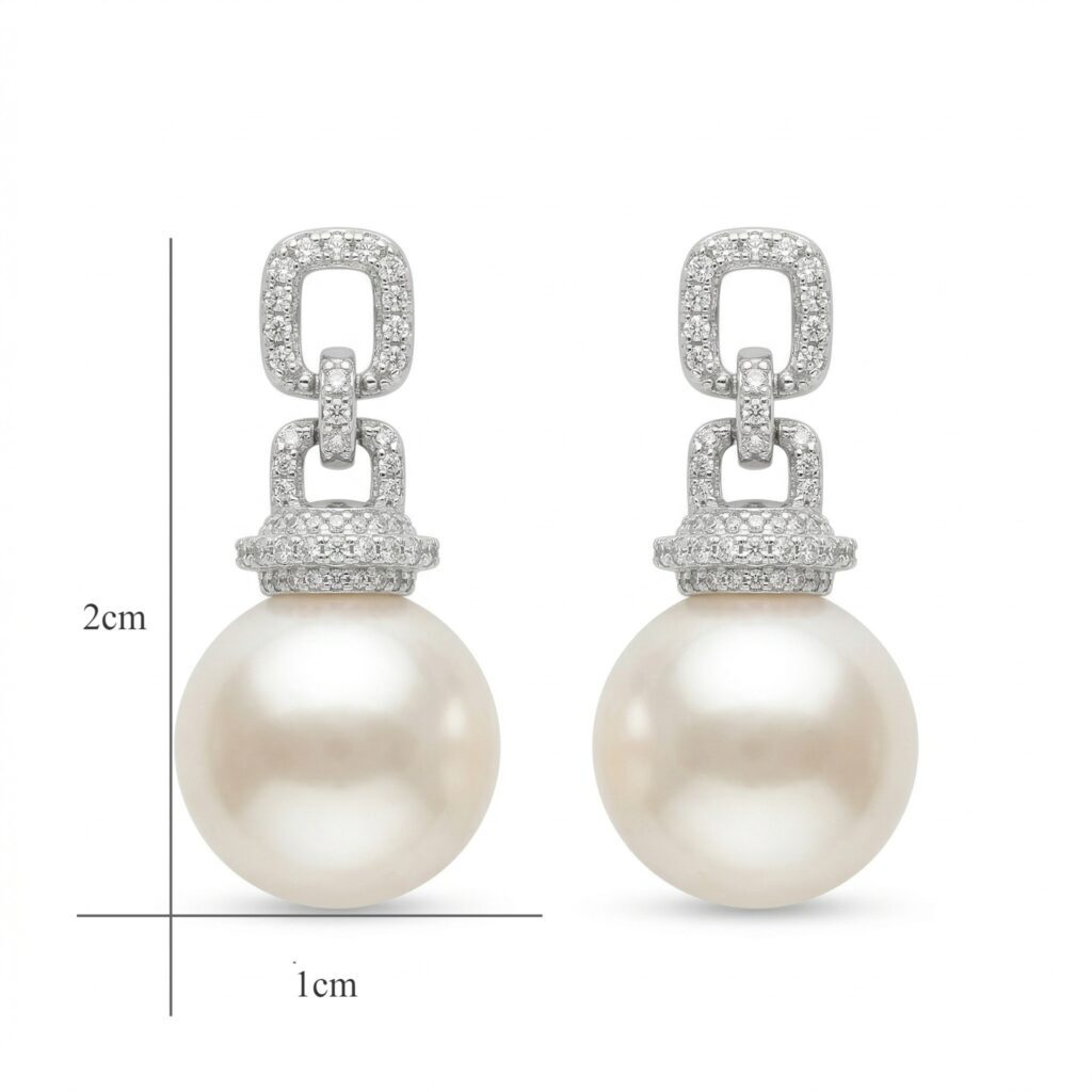 925 Sterling Silver Elegant White Pearl Drop Earrings with Pave Diamond Geometric Links