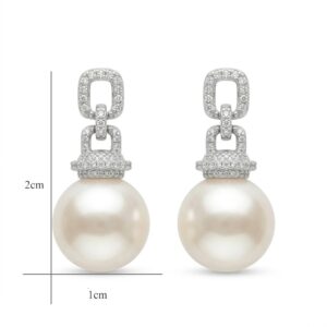 925 Sterling Silver Elegant White Pearl Drop Earrings with Pave Diamond Geometric Links