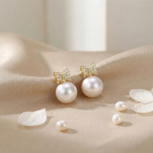925 Sterling Silver Elegant Bow-Design Pearl Drop Earrings with Shimmering Stone Accents