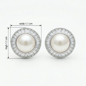 925 Sterling Silver Classic White Pearl Stud Earrings with Sparkling Baguette Halo in Sterling Silver