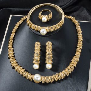 Vintage Jewelry Gold Hollow-Out Pearl Jewelry Four-Piece Set
