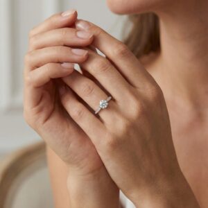 925 Sterling Silver Elegant Round Brilliant Diamond Engagement Ring with Hidden Halo and Pavé Band