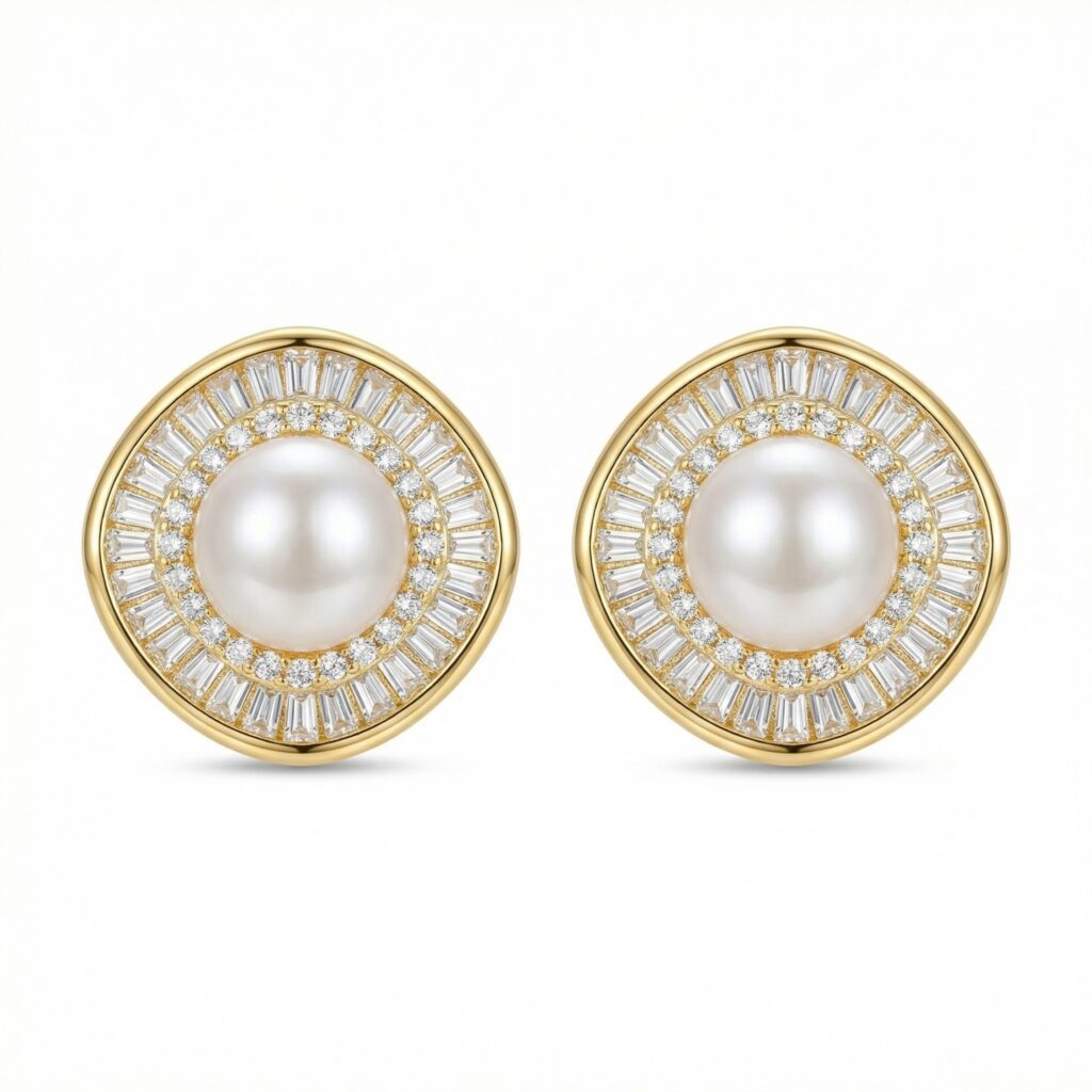925 Sterling Silver Elegant Pearl Stud Earrings with Baguette and Round Diamond Sunburst Halo