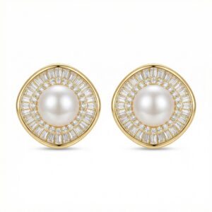 925 Sterling Silver Elegant Pearl Stud Earrings with Baguette and Round Diamond Sunburst Halo