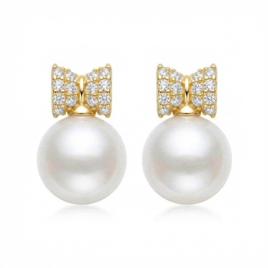 925 Sterling Silver Elegant Bow-Design Pearl Drop Earrings with Shimmering Stone Accents