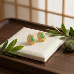 925 Sterling Silver Elegant Green Jadeite-Inspired Filigree Stud Earrings with Sparkling Diamond-Like Accents and Ornate Detailing