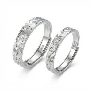 925 Sterling Silver S925 Sterling Silver Adjustable Couple Rings with Hammered Texture and Engraved Chinese Calligraphy