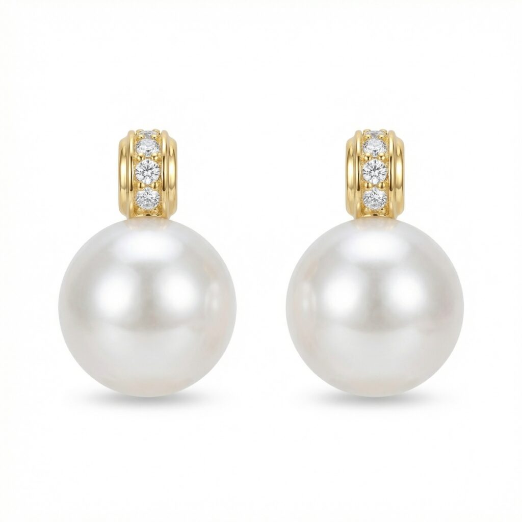 925 Sterling Silver Elegant White Round Pearl Earrings Featuring Shimmering Diamond Accents in Gilded Settings