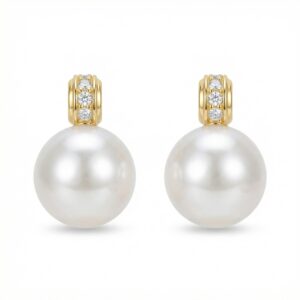 925 Sterling Silver Elegant White Round Pearl Earrings Featuring Shimmering Diamond Accents in Gilded Settings