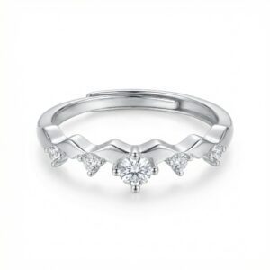 925 Sterling Silver Dainty Adjustable Silver Wave Ring Featuring Five Sparkling Round-Cut Stones
