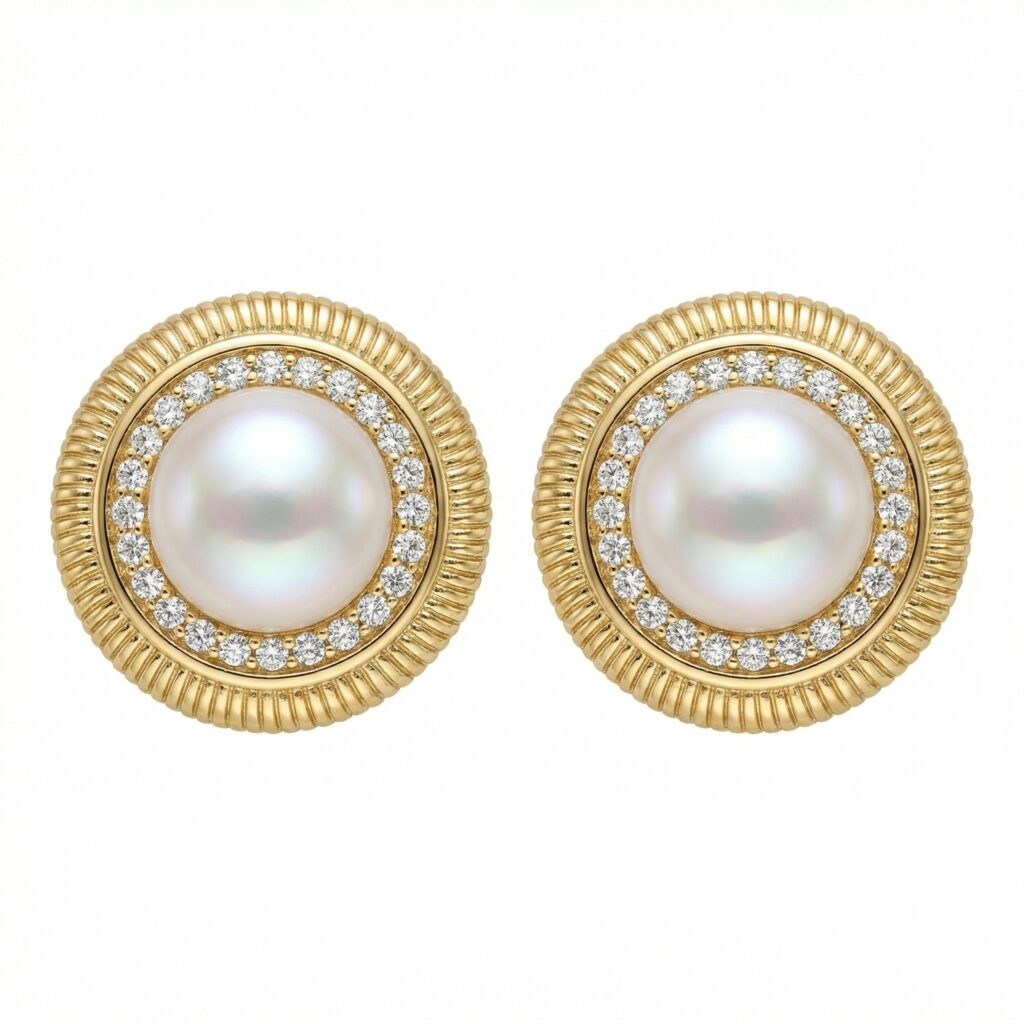 925 Sterling Silver Elegant Cultured Pearl and Sparkling Diamond Textured Halo Stud Earrings