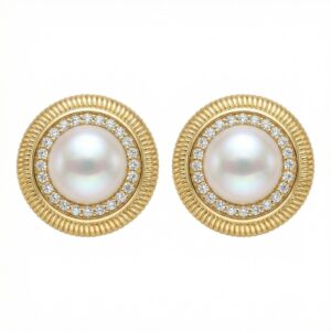 925 Sterling Silver Elegant Cultured Pearl and Sparkling Diamond Textured Halo Stud Earrings